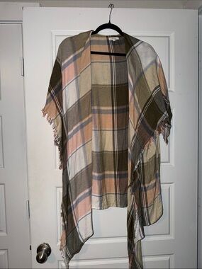 Maurices Plaid Open-Front Poncho in Olive, Tan & Pink